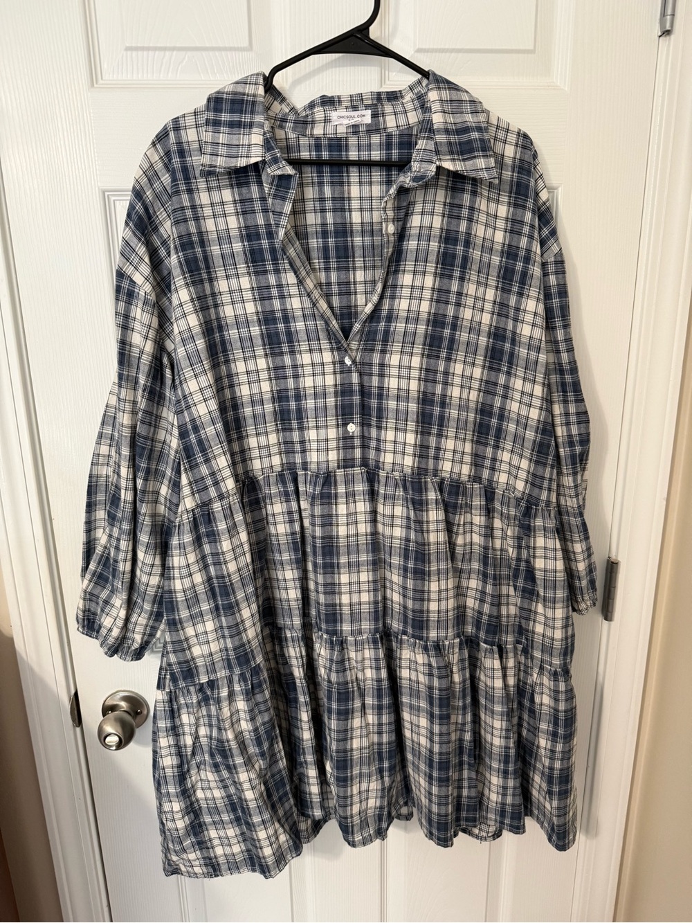 Chic Soul Plaid Tiered Shirt Dress - Blue & White 3X